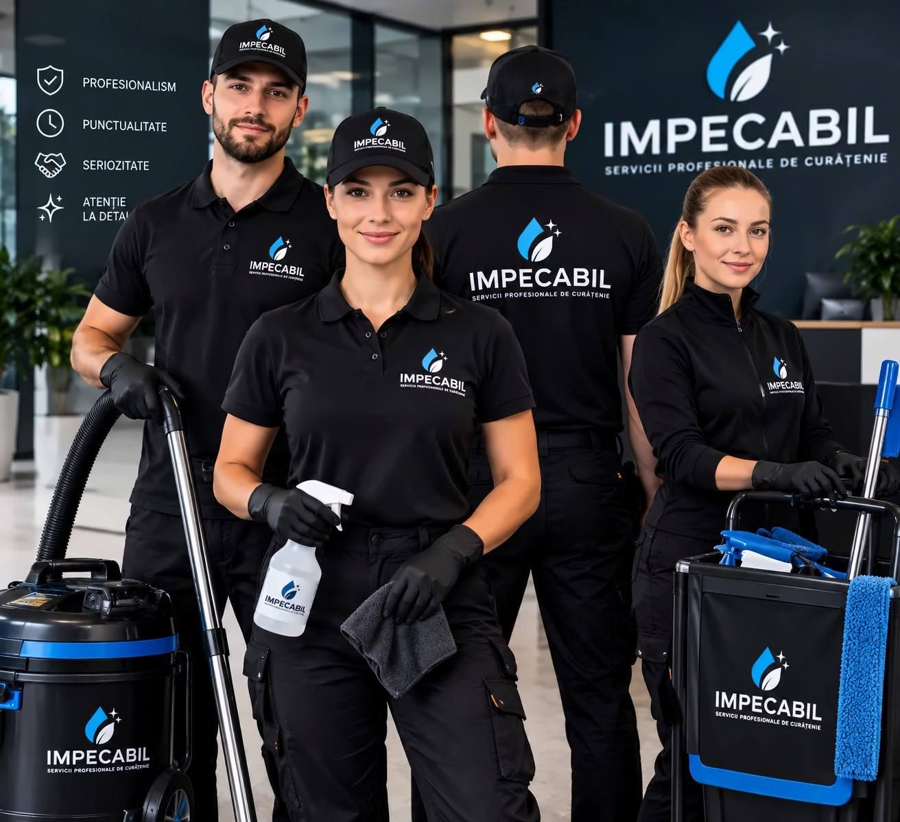 Echipa Impecabil în uniforme negre cu logo, cu aspirator, pulverizator și cărucior de curățenie